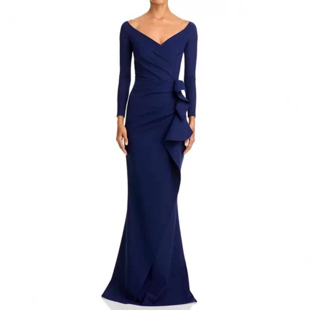 New Chiara Boni La Petite Robe Silveria Side Ruffle Long Gown Size 12